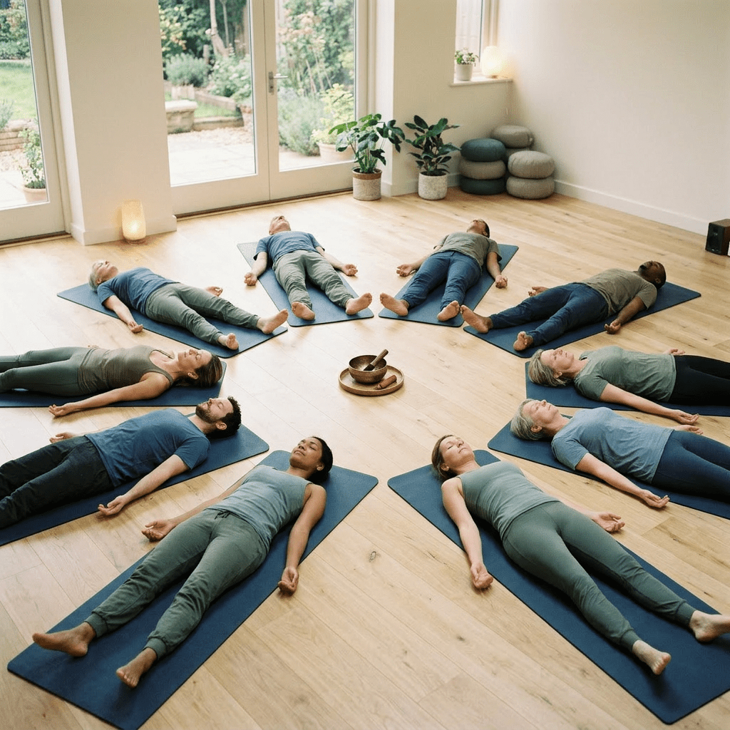 Seven people sitting on yoga mats in a circle doing seated forward bends indoors