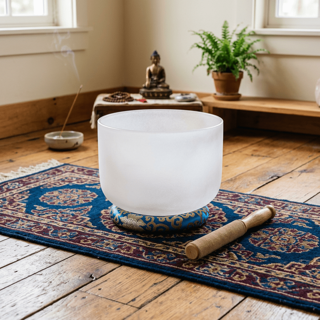 Crystal singing bowl with striker placed on blue and red patterned rug in a meditation room